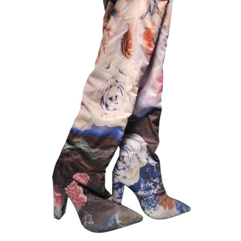 Red Dragon Floral Stretchy Over the Knee Boots Size 8 Block Heel